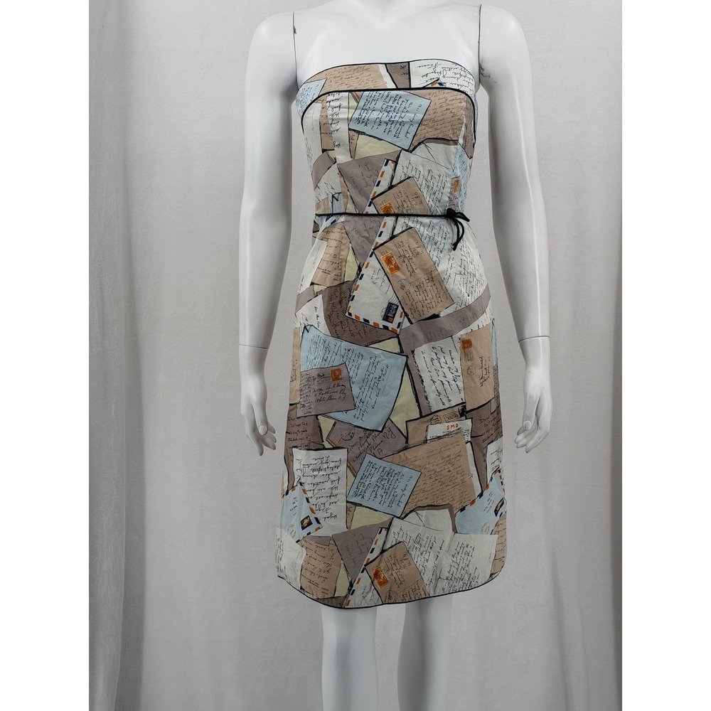 J. Crew Factory Strapless Mail-Print Sheath Dress in Beige, Light Blue, Cream